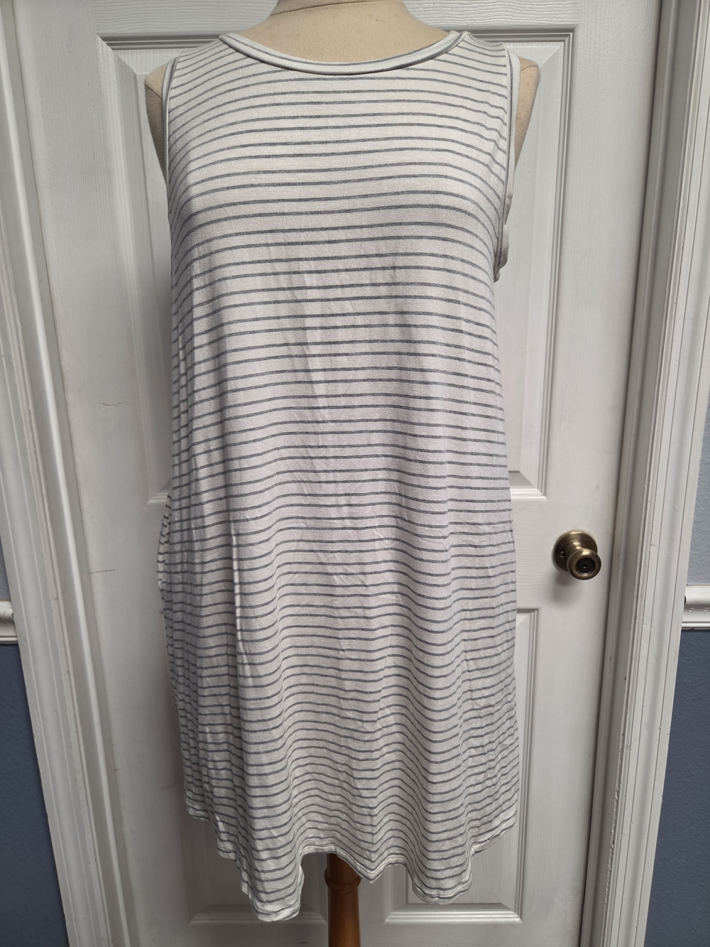 Green Envelope White & Gray Striped Sleeveless Mini Dress